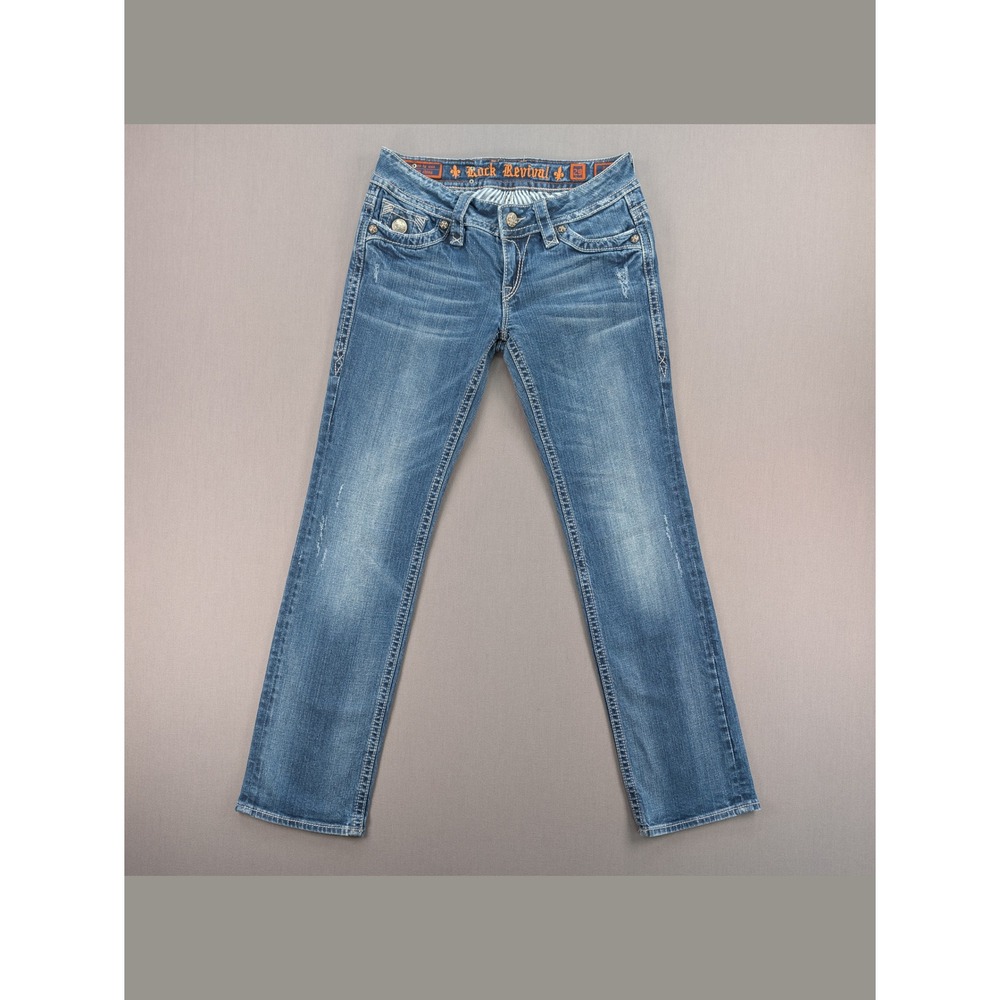 Rock Revival Tori Straight Leg Jeans Size 29 Low Rise Fleur de Lis Embroidered